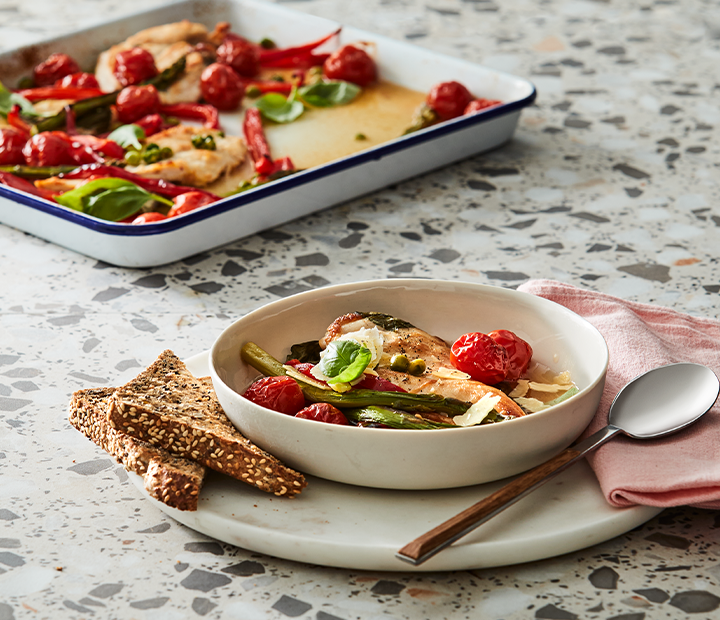 Roasted Chicken Tray Bake with Pea, Tomato & Asparagus