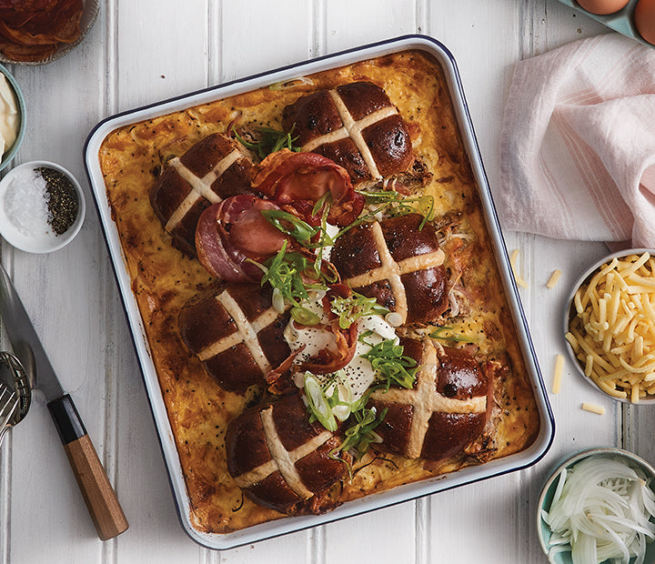 Cheesy Hot Cross Bun Bake