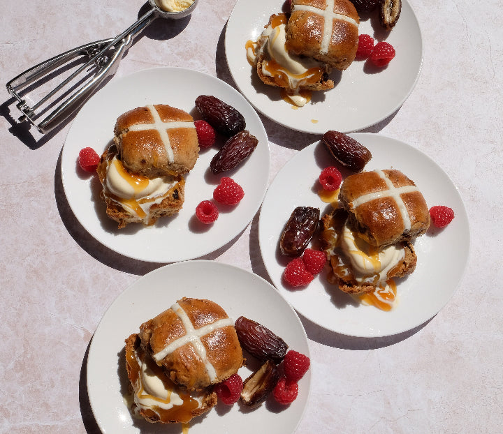 Sticky Date Hot Cross Buns with Ice Cream & Caramel Sauce Recipe